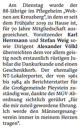 Pressebericht zur Ehrung von Erwin Klotz